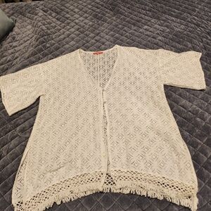 All Worthy by Hunter McGrady Openwork Fringe Crochet Shrug in Cream